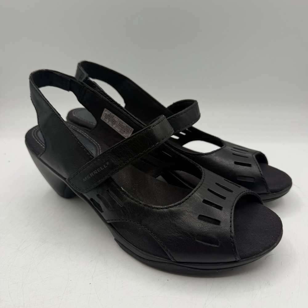Merrell Cycling Evera Chase Sandals Womens Sz 8.5 Black Leather Peep Toe J57712